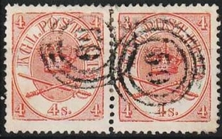 FRIMÆRKER DANMARK | 1864-70 - AFA 13 - 4 Skilling rød Krone Scepter i par - Stemplet